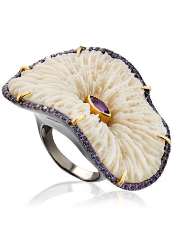 Unique Silver Cocktail Ring With Amethyst And Coral, Ring Size: 8.5 / 18.5, image 