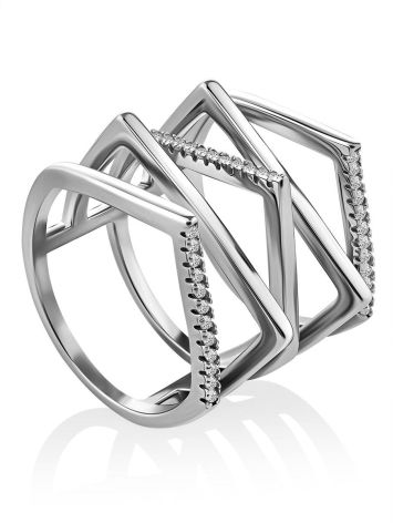 Geometric Multiband Silver Crystal Ring, Ring Size: 8 / 18, image 