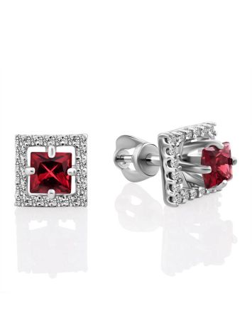 Classy Square Silver Studs With Red Stone And Crystals, image 