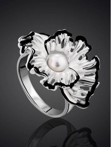 Floral Design Silver Pearl Ring With Enamel, Ring Size: 7 / 17.5, image , picture 2