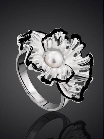 Floral Design Silver Pearl Ring With Enamel, Ring Size: 8.5 / 18.5, image , picture 2