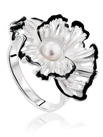 Floral Design Silver Pearl Ring With Enamel, Ring Size: 7 / 17.5, image 