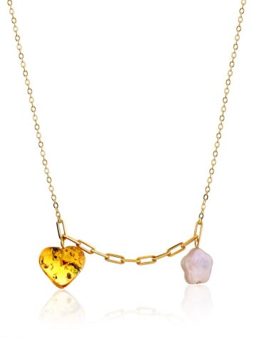 Romantic Gilded Silver Necklace With Amber And Pearl Pendants The Palazzo, image 
