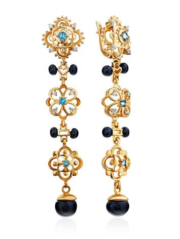 Gilded Silver Dark Pearl Dangle Earrings With Topaz And Crystals, image 