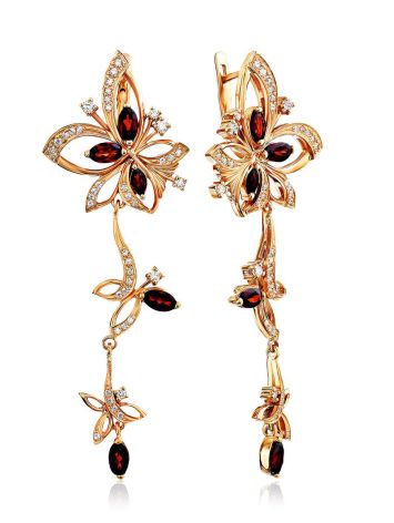 Charming Floral Design Gilded Silver Garnet Earrings, image 