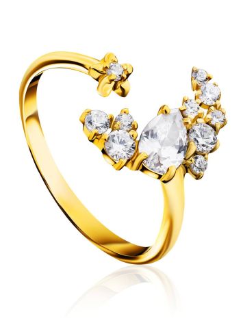 Stylish Gilded Silver Adjustable Ring With Crystal Half Moon, Ring Size: 6.5 / 17, image 