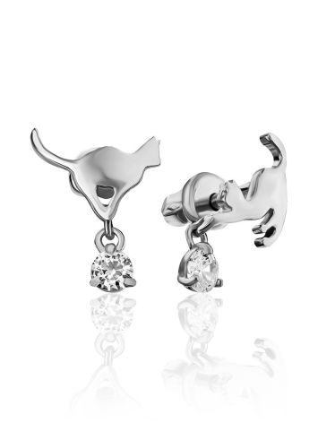 Cat Motif Silver Crystal Stud Earrings, image 