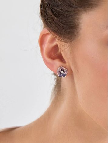 Violet Motif Silver Enamel Stud Earrings With Crystals, image , picture 3