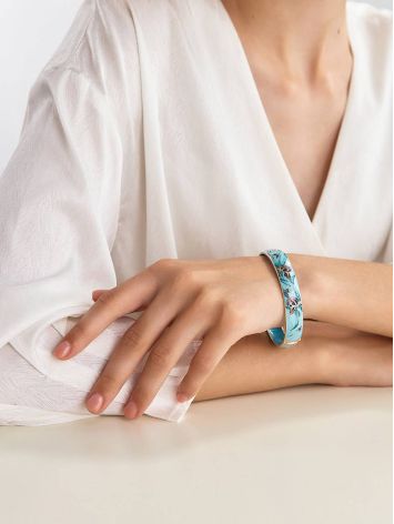 Silver Enamel Floral Motif Bangle Bracelet, image , picture 3