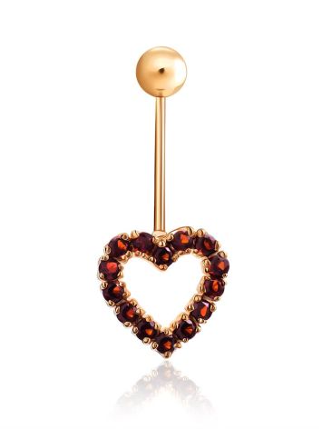 Cute Heart Motif Gilded Silver Garnet Navel Piercing, image 