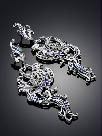 Ornate Phoenix Motif Silver Crystal Dangle Earrings, image , picture 2