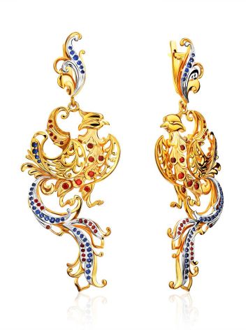 Ornate Phoenix Motif Gilded Silver Dangle Earrings, image 