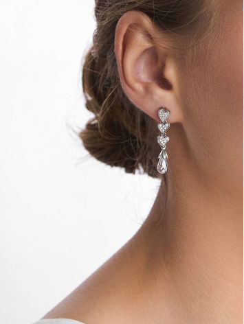 Cute Heart Motif Silver Crystal Stud Dangle Earrings, image , picture 3