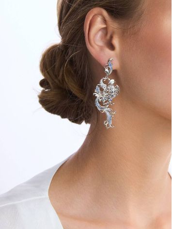 Ornate Phoenix Motif Silver Crystal Dangle Earrings, image , picture 3