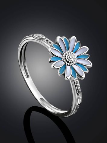 Silver Enamel Daisy Motif Ring, Ring Size: 6 / 16.5, image , picture 2