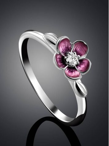 Silver Enamel Cherry Blossom Motif Ring, Ring Size: 6 / 16.5, image , picture 2