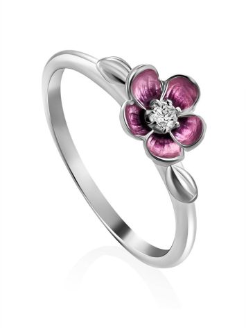 Silver Enamel Cherry Blossom Motif Ring, Ring Size: 6 / 16.5, image 