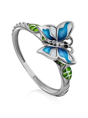 Cute Silver Enamel Butterfly Motif Ring, Ring Size: 6.5 / 17, image 