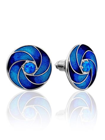 Round Silver Enamel Stud Earrings With Blue Crystals, image 