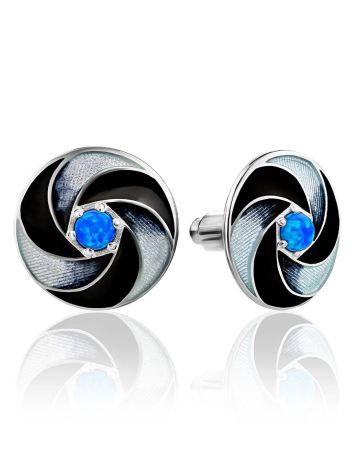 Round Silver Enamel Stud Earrings With Blue Crystals, image 