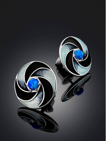 Round Silver Enamel Stud Earrings With Blue Crystals, image , picture 2