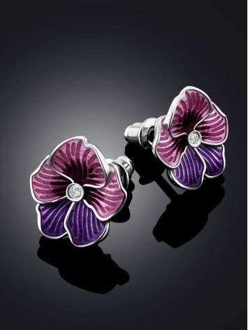Violet Motif Silver Enamel Stud Earrings With Crystals, image , picture 2
