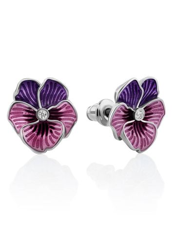 Violet Motif Silver Enamel Stud Earrings With Crystals, image 