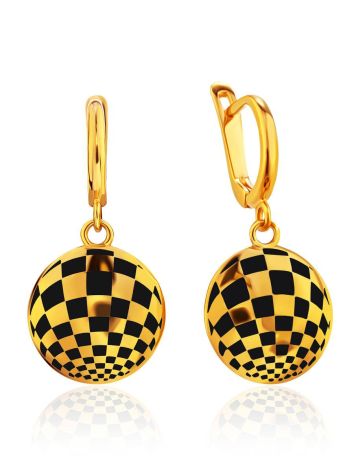 Checkerboard Pattern Gilded Silver Enamel Earrings, image 