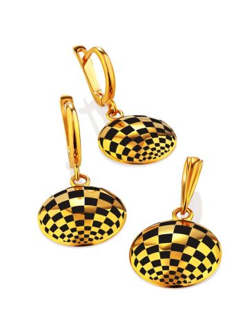 Checkerboard Pattern Gilded Silver Enamel Earrings, image , picture 4