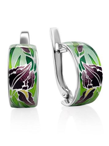 Silver Enamel Iris Motif Earrings, image 