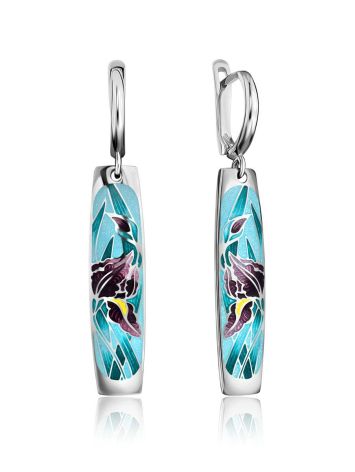 Silver Enamel Iris Motif Dangle Earrings, image 