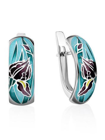 Iris Motif Silver Enamel Earrings, image 