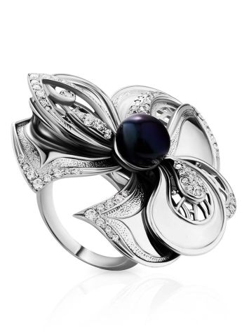 Fabulous  Floral Design Silver Pearl Ring, Ring Size: 6.5 / 17, image 