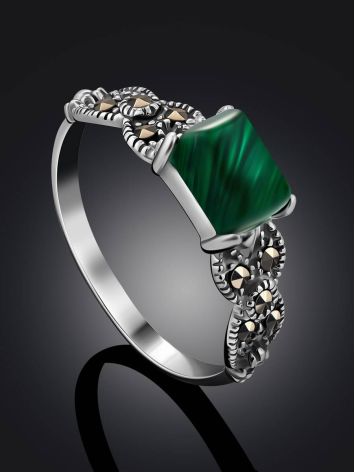Chic Silver Malachite Ring With Marcasites, Ring Size: 9.5 / 19.5, image , picture 2