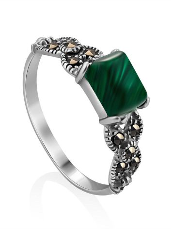 Chic Silver Malachite Ring With Marcasites, Ring Size: 9.5 / 19.5, image 