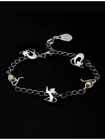 Cute And Fabulous Sterling Silver Bracelet With Green Amber The Cats, image , picture 2