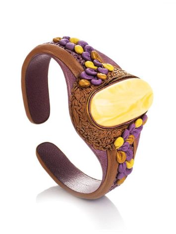 Brown Leather Cuff Bracelet With Honey Amber The Nefertiti, image 