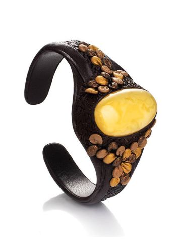 Dark Leather Cuff Bracelet With Honey Amber The Nefertiti, image 