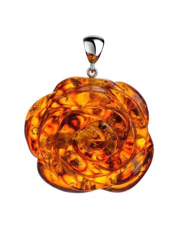 Hand-Cut Amber Flower Pendant in Sterling Silver The Rose, image 