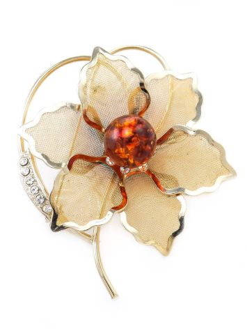 Gold-Plated Brooch With Cognac Amber And Crystals The Beoluna, image , picture 3