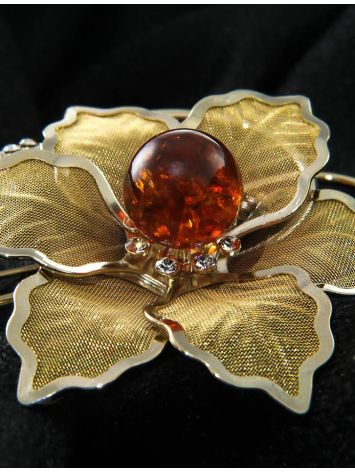 Gold-Plated Brooch With Cognac Amber And Crystals The Beoluna, image , picture 2