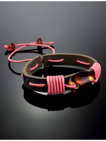 Leather Bracelet With Cognac Amber And Pink Cord The Copacabana, image , picture 2