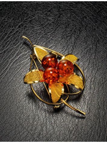 Cognac Amber Gold Plated Floral Brooch The Beoluna, image , picture 2
