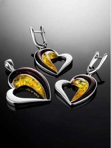 Heart Shaped Silver Pendant With Multicolor Amber The Sunrise, image , picture 5