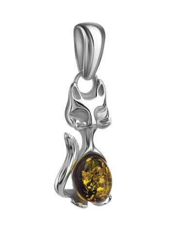 Silver Cat Pendant With Green Amber, image , picture 3