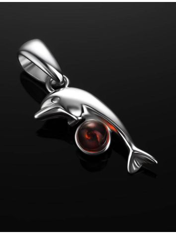 Silver Dolphin Pendant With Cherry Amber Ball, image , picture 2