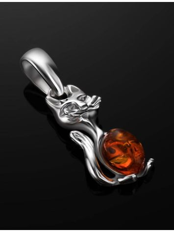 Silver Cat Pendant With Cognac Amber, image , picture 2