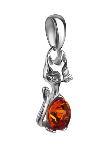 Silver Cat Pendant With Cognac Amber, image , picture 3