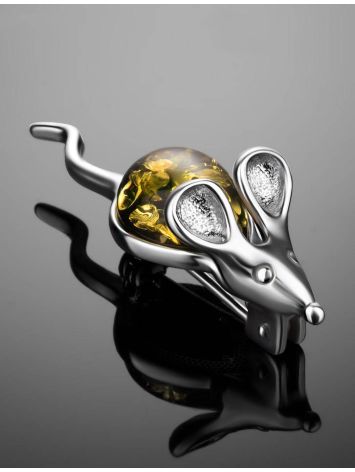 Cute Silver Brooch With Green Amber The Mouse, image , picture 2