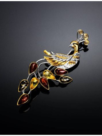 Multicolor Amber Brooch In Gold Plated Silver The Peacock, image , picture 2